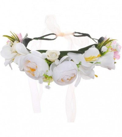 Headbands Adjustable Flower Crown Headband - Flower Headband for Women Girl Floral Festival Wedding Party Wreath - White - CJ...