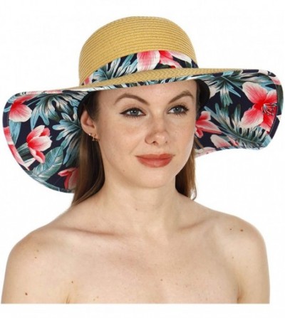 Sun Hats Summer Sun Hats for Women- Beach Hat- Straw Wide Brim Hat Floppy- Hiking Hat - Floral-navy - C618QI3ENNX