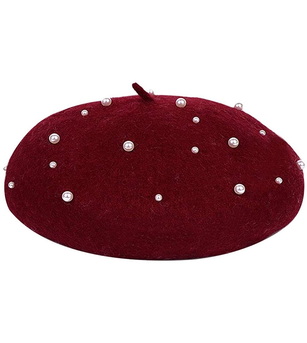 Berets Women Faux Leather Solid Beret French Artist Tam Beanie Hat Cap - Wine Red - CX18KC2OIQX