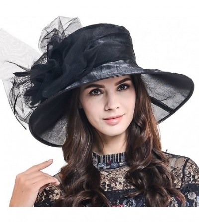 Sun Hats Ladies Kentucky Derby Church Hat Wide Brim Leaf Flower Bridal Dress Hat s037 - Sheer-black - C217YIK37TA