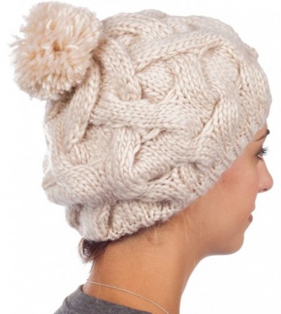 Skullies & Beanies Cable Knit Pom Pom Thick Slouch Hat - Beige - C0116WFNZD3