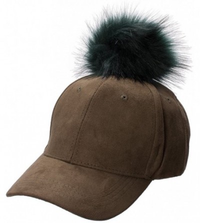 Baseball Caps Womens Adjustable Suede Baseball Cap Hip-Hop Hat Faux Fur Pom Pom A383 - Dark Green - C6187DKK89K
