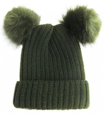 Skullies & Beanies Double Faux Fur Pom Pom Cable Knit Cuff Beanie Hat - Olive - CX12N7DWT82