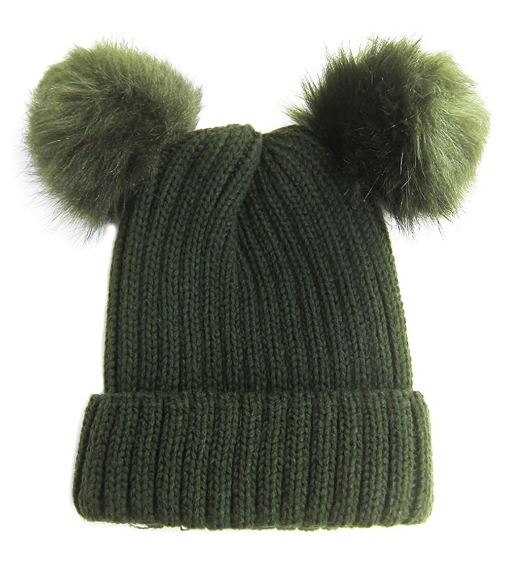 Skullies & Beanies Double Faux Fur Pom Pom Cable Knit Cuff Beanie Hat - Olive - CX12N7DWT82