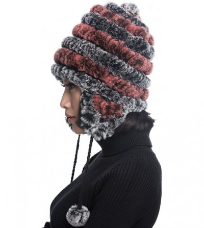 Bomber Hats Women's Rex Rabbit Fur Hats Winter Ear Cap Flexible Multicolor - Grey & Pink - C811FG5APDR