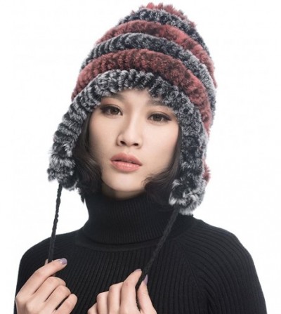 Bomber Hats Women's Rex Rabbit Fur Hats Winter Ear Cap Flexible Multicolor - Grey & Pink - C811FG5APDR