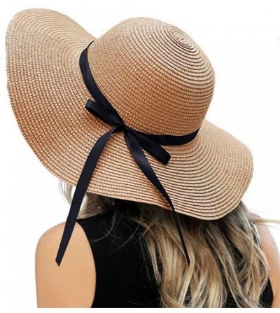 Sun Hats Womens Floppy Summer Sun Beach Straw Hat- Foldable Wide Brim Hats with Bowknot UPF50 - B01-1pack-khaki - C519604KGRX