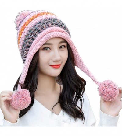 Skullies & Beanies Women Winter Peruvian Beanie Hat Ski Ear Flaps Cap Dual Layered Pompoms - Ht025-pink - CM18K5DGEHL