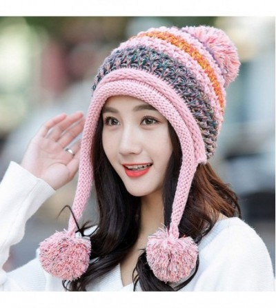 Skullies & Beanies Women Winter Peruvian Beanie Hat Ski Ear Flaps Cap Dual Layered Pompoms - Ht025-pink - CM18K5DGEHL