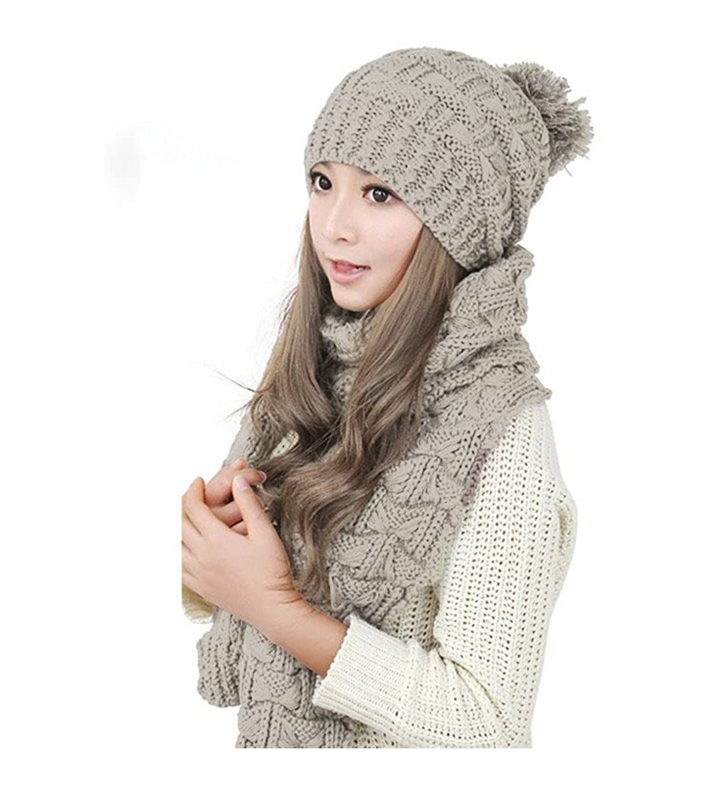 Skullies & Beanies Lady Women's Lady Girl Scarf and Hat 2pcs Set Knitted Winter Warm Skull caps Thicken Beanie Cap - Light Gr...