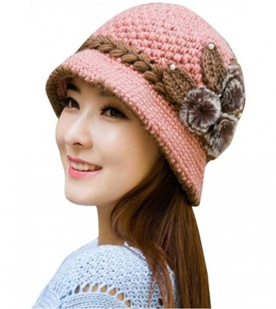Berets Womens 1920s Winter Warm Cap Beret Beanie Cloche Bucket Hat Crochet Knitted Flowers Ears Hat - Pink - C318LQ9NUOQ