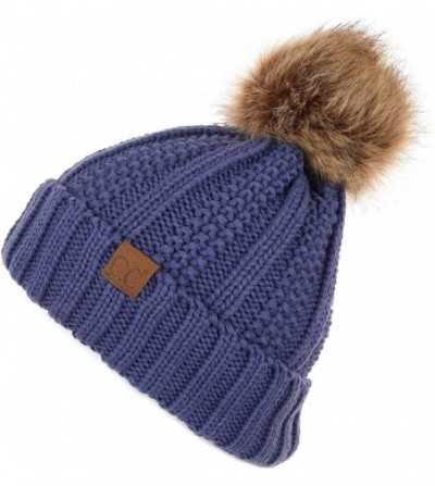 Skullies & Beanies Exclusives Fuzzy Lined Knit Fur Pom Beanie Hat (YJ-820) - Dk. Denim - C618I6RXM37