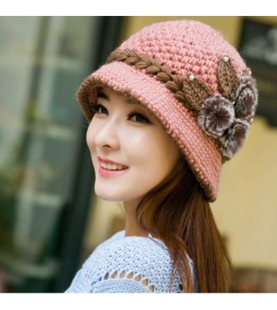 Berets Womens 1920s Winter Warm Cap Beret Beanie Cloche Bucket Hat Crochet Knitted Flowers Ears Hat - Pink - C318LQ9NUOQ