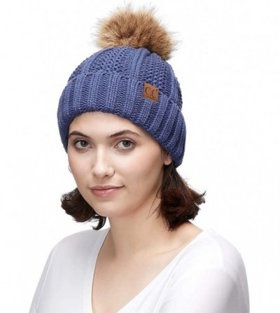 Skullies & Beanies Exclusives Fuzzy Lined Knit Fur Pom Beanie Hat (YJ-820) - Dk. Denim - C618I6RXM37