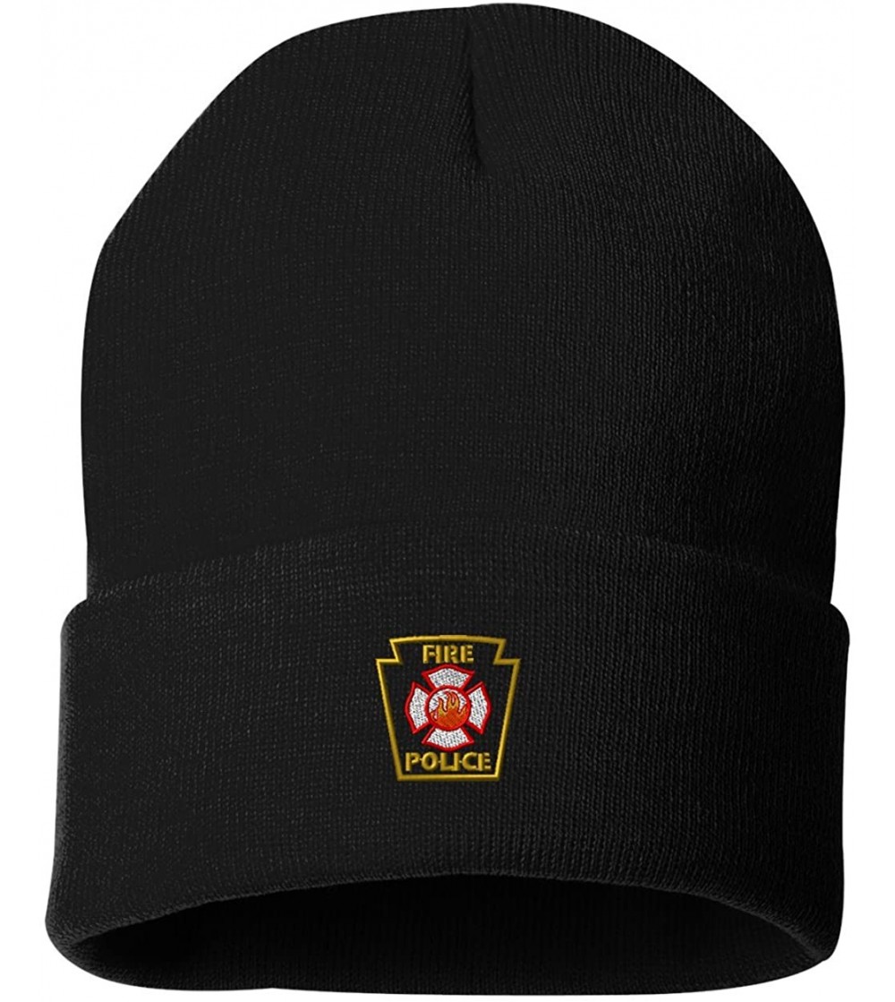 Skullies & Beanies Fire Police Outline Custom Personalized Embroidery Embroidered Beanie - Black - C812NBZESKX