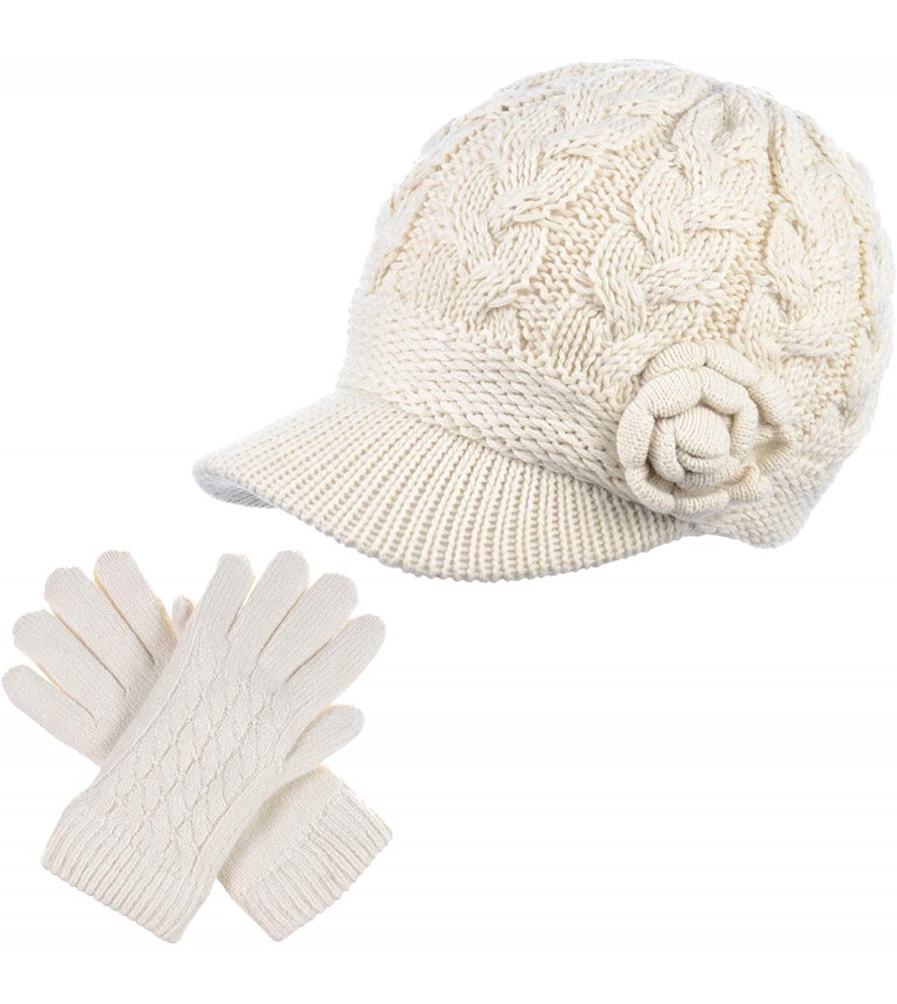 Newsboy Caps Women's Winter Fleece Lined Elegant Flower Cable Knit Newsboy Cabbie Hat - Ivory Cable Flower-hat Gloves Set - C...