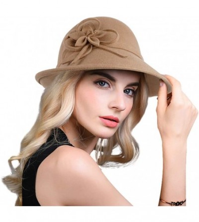 Bucket Hats Women Solid Color Winter Hat 100% Wool Cloche Bucket with Bow Accent - Style2_camel - C1189TSNK3N