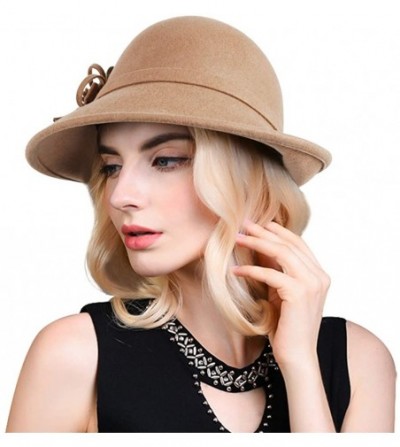 Bucket Hats Women Solid Color Winter Hat 100% Wool Cloche Bucket with Bow Accent - Style2_camel - C1189TSNK3N