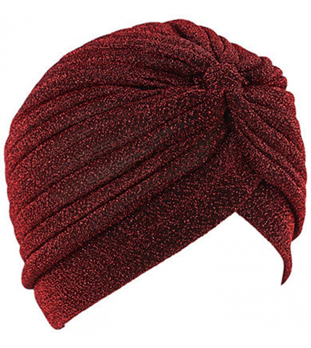 Sun Hats Shiny Turban Hat Headwraps Twist Pleated Hair Wrap Stretch Turban - Wine Red Paillette - C918ARN84W0