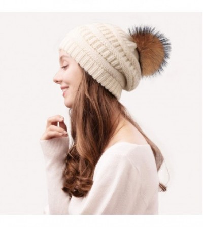 Skullies & Beanies Winter Hats Beanie for Women Lined Slouchy Knit Skiing Cap Real Fur Pom Pom Hat for Girls - C612LWBQHJ5