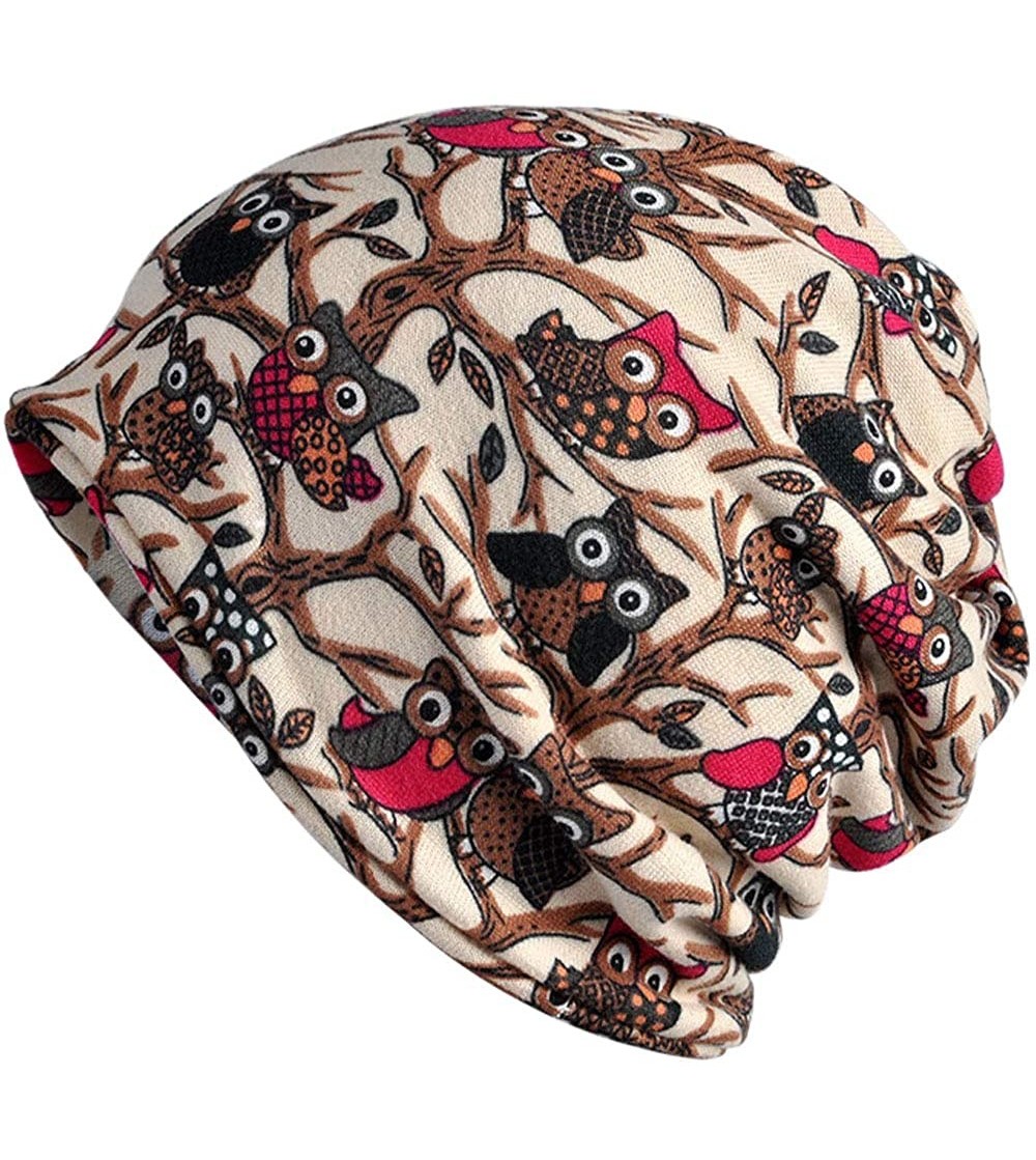 Skullies & Beanies Womens Ladies Plush Lining Owl Pattern Beanie Hat Flexible Cotton Winter Warm Hat Scarf Dual Purpose - Bei...
