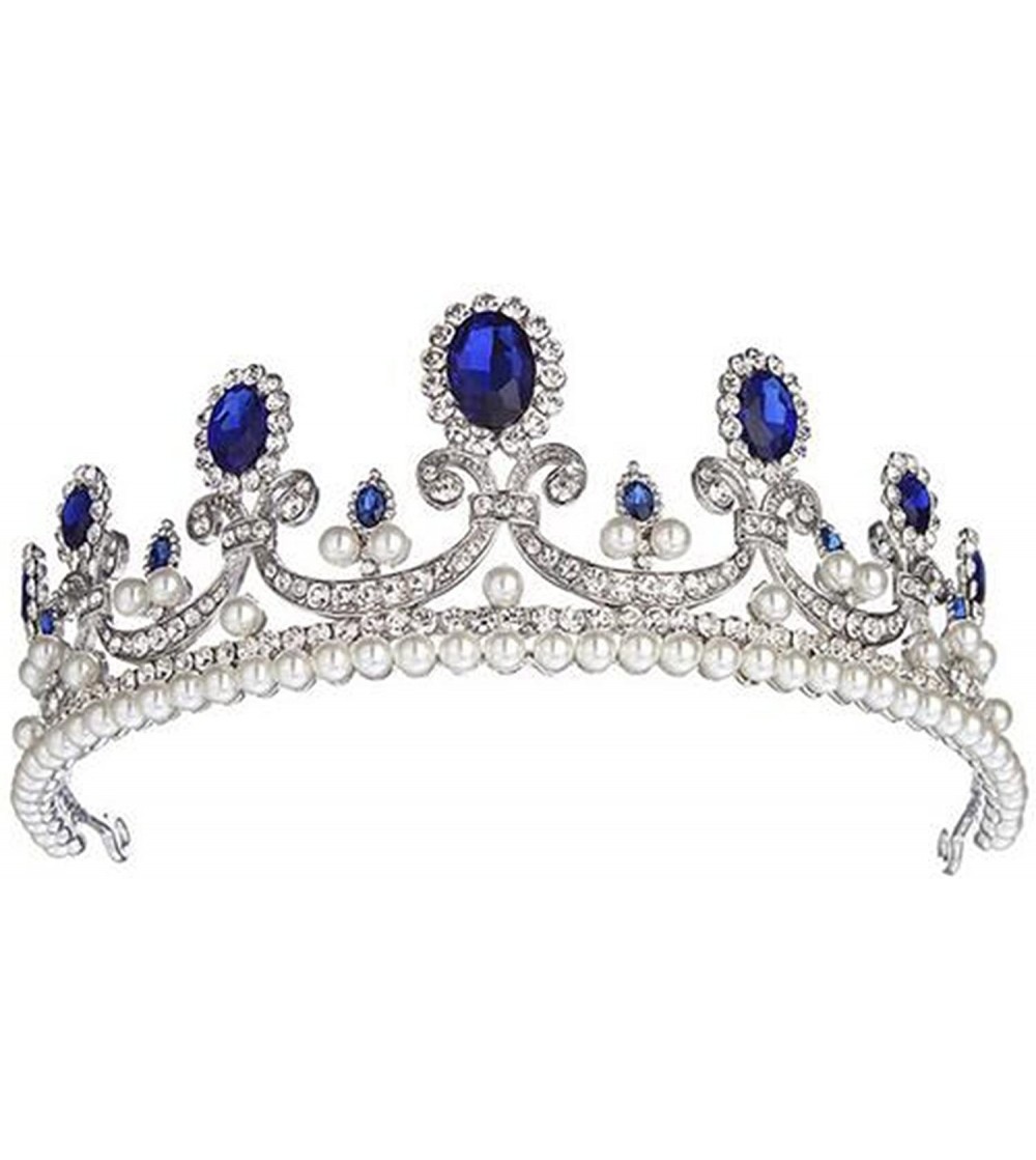 Headbands Luxury Blue Crystal Rhinestone Bridal Tiara Princess Pearls Crown Wedding Prom Headband(A1071) - CS185L52TKY