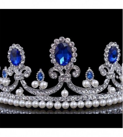 Headbands Luxury Blue Crystal Rhinestone Bridal Tiara Princess Pearls Crown Wedding Prom Headband(A1071) - CS185L52TKY