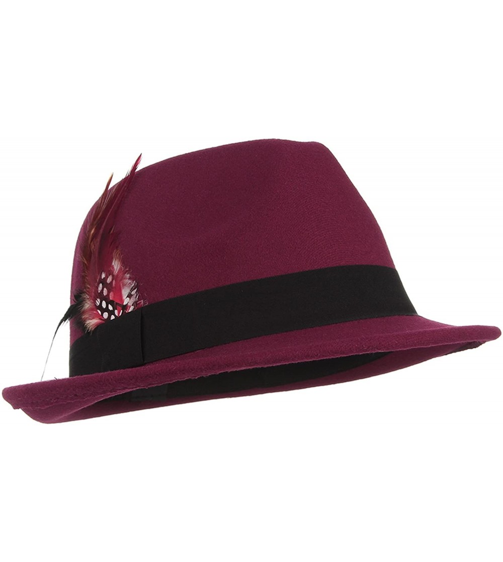 Fedoras Men's Warm Woolen Crushable Feather Gangster Trilby Dent Fedora Hat - Purple Red - C6187CRLS0U