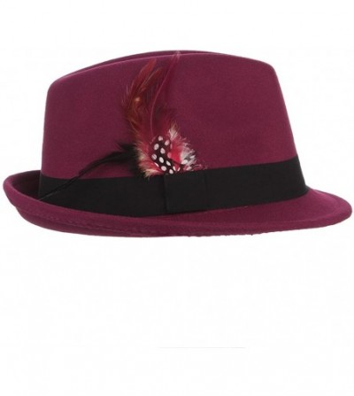 Fedoras Men's Warm Woolen Crushable Feather Gangster Trilby Dent Fedora Hat - Purple Red - C6187CRLS0U