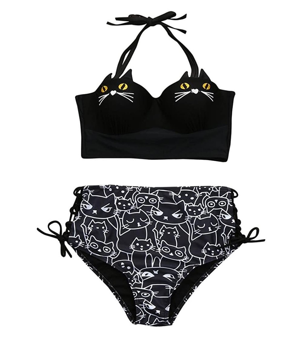 Rain Hats 2020 Summer Girls Cute Halter Kitty Cat Bikini Set Underwire Padded Bathing Swimsuit Swimwear - Black - CR189W7WOXM