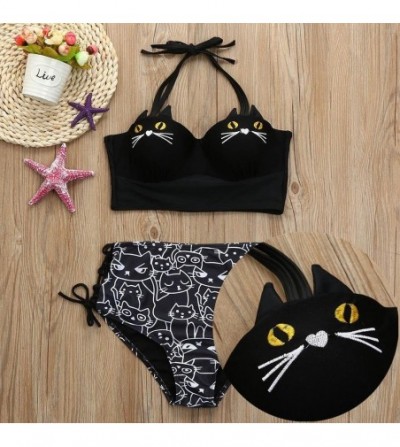 Rain Hats 2020 Summer Girls Cute Halter Kitty Cat Bikini Set Underwire Padded Bathing Swimsuit Swimwear - Black - CR189W7WOXM