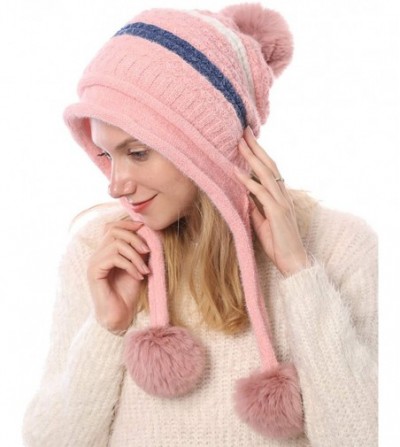 Skullies & Beanies Women Winter Peruvian Beanie Knitted Ski Cap with Ear Flaps Dual Layered Pompoms - Pink - C118ZW3H7Y3