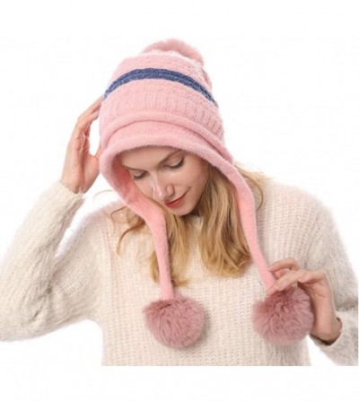 Skullies & Beanies Women Winter Peruvian Beanie Knitted Ski Cap with Ear Flaps Dual Layered Pompoms - Pink - C118ZW3H7Y3