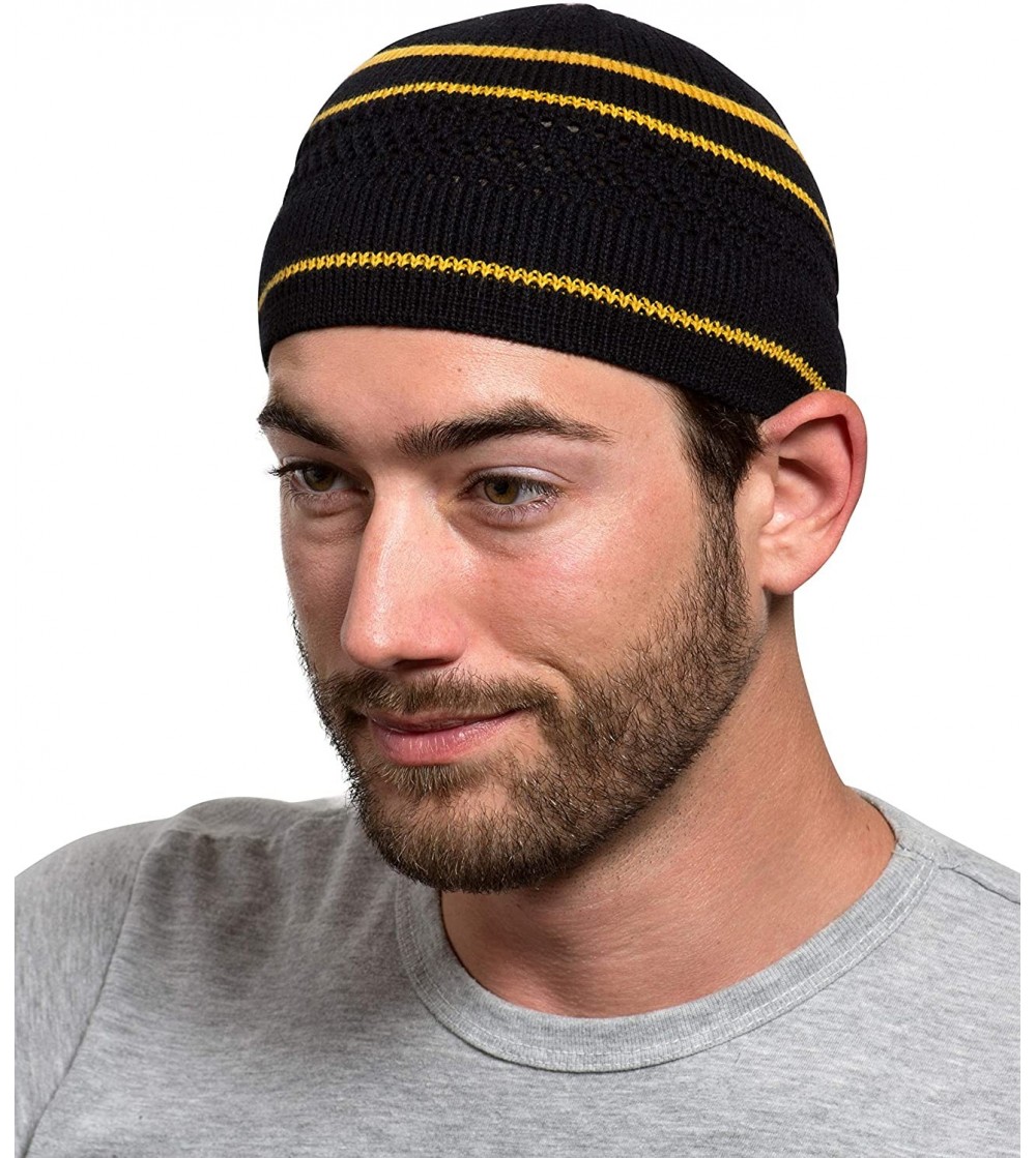 Skullies & Beanies 100% Cotton Skull Cap Chemo Kufi Under Helmet Beanie Hats in Solid Colors and Stripes - Black W/Gold Strip...