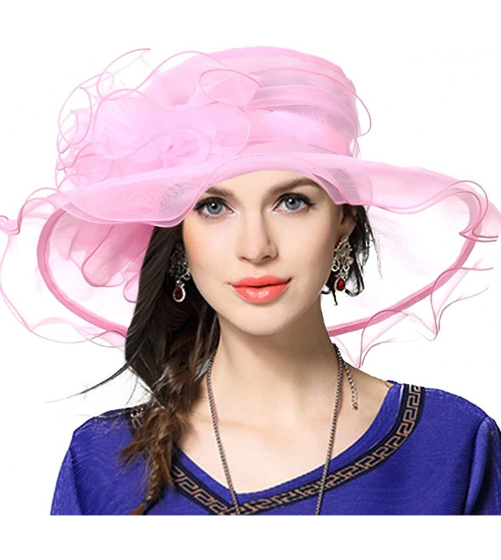 Sun Hats Women Church Derby Hat Wide Brim Wedding Dress Hat Tea Party HAT S019 - Pink - CD12KNEG9G3