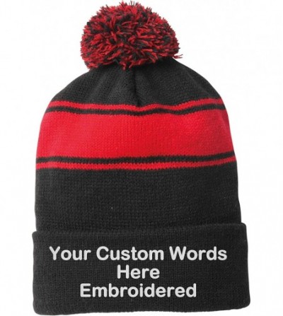 Skullies & Beanies Customize Your Beanie Personalized with Your Own Text Embroidered - Stripe Pom Pom Black/True Red - CM18LD...