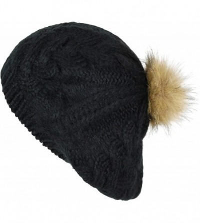 Berets Cute Crochet Cable Knit Slouch Beret Cap- Cute Beanie w/Faux Fur Pom Winter Hat - Red - CN1867X47H6