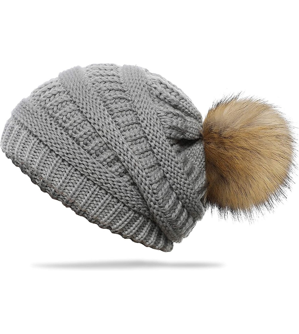 Skullies & Beanies Slouchy Winter Knit Beanie Cap Chunky Faux Fur Pom Pom Hat Bobble Ski Cap - Deep Grey 01 - C118E8TYKGQ