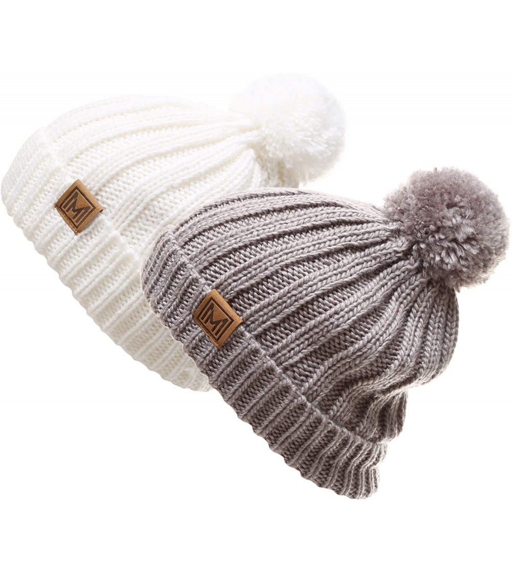 Skullies & Beanies Women's Oversized Chunky Soft Warm Rib Knit Pom Pom Beanie Hat with Sherpa Lined - 1 White & 1 Light Grey ...