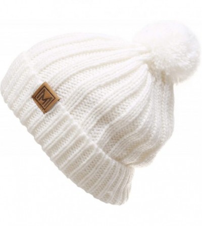 Skullies & Beanies Women's Oversized Chunky Soft Warm Rib Knit Pom Pom Beanie Hat with Sherpa Lined - 1 White & 1 Light Grey ...