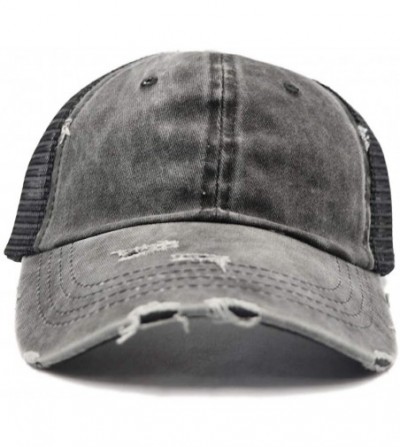 Baseball Caps Ponytail Unconstructed Washed Dad Hat Messy High Bun Ponycaps Plain Baseball Cap - Mesh Distressed Black - CX18...