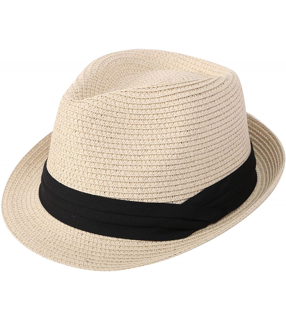 Visors Beach Straw Fedora Hat w/Solid Hat Band for Men & Women - Natural - CV17WY2GSWL