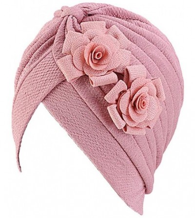 Skullies & Beanies Women's Headscarf Hat Chemo Headwear Solid Flower Thread Cancer Cap Headband Fashion Cap - Khaki+pink - CO...