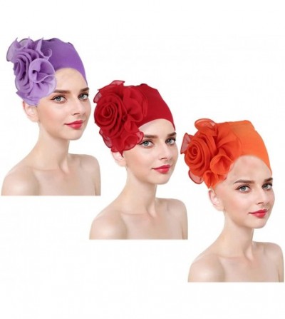 Skullies & Beanies 3PCS Women Stretchy Beanies Loss Cap African Turban Boho Head Wrap Hijab Turbante Mujer - Red+purple+orang...