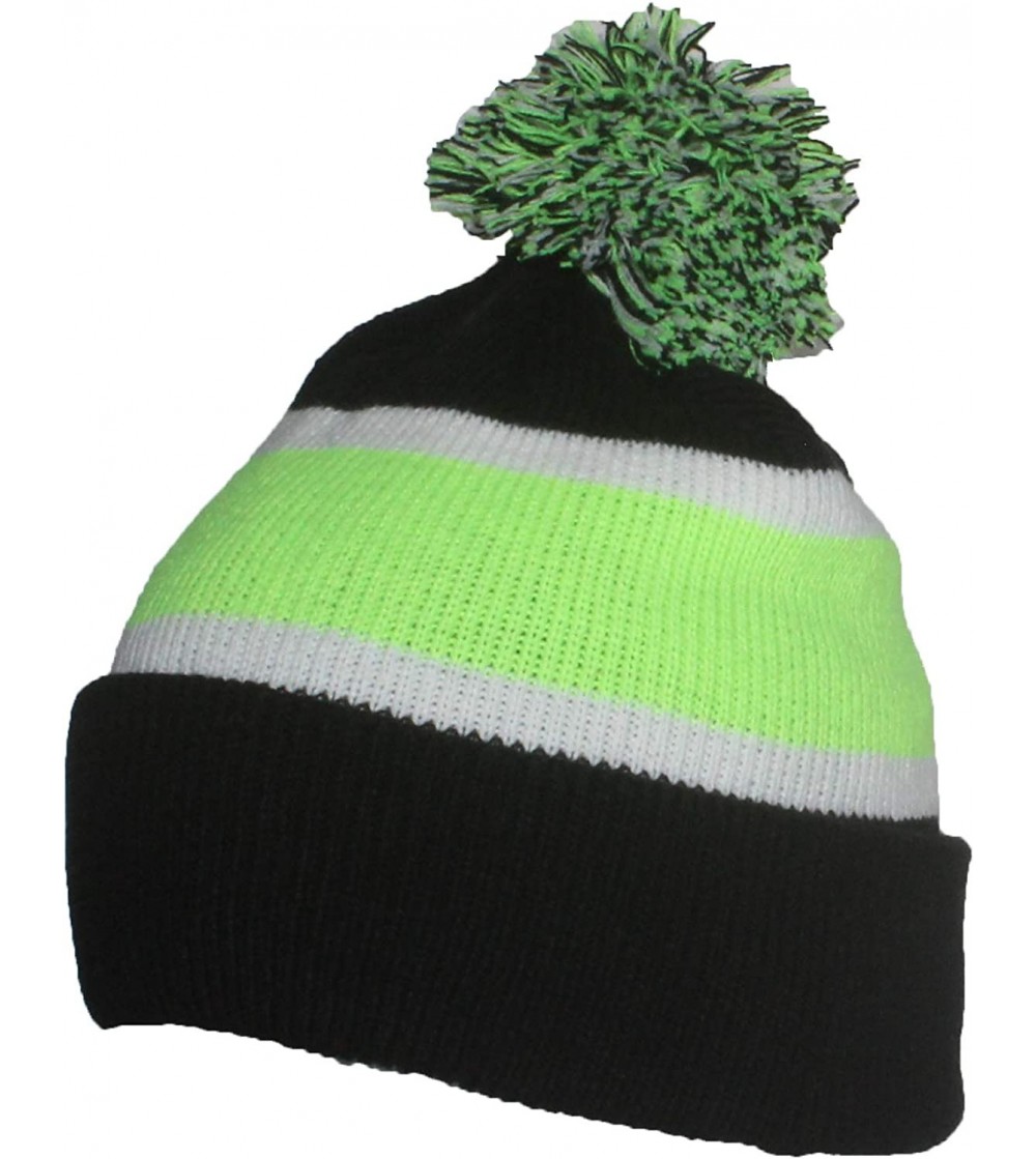 Skullies & Beanies Quality Cuffed Cap with Large Pom Pom (One Size)(Fits Large Heads) - Black/Neon Green - CS11TKF2BTL