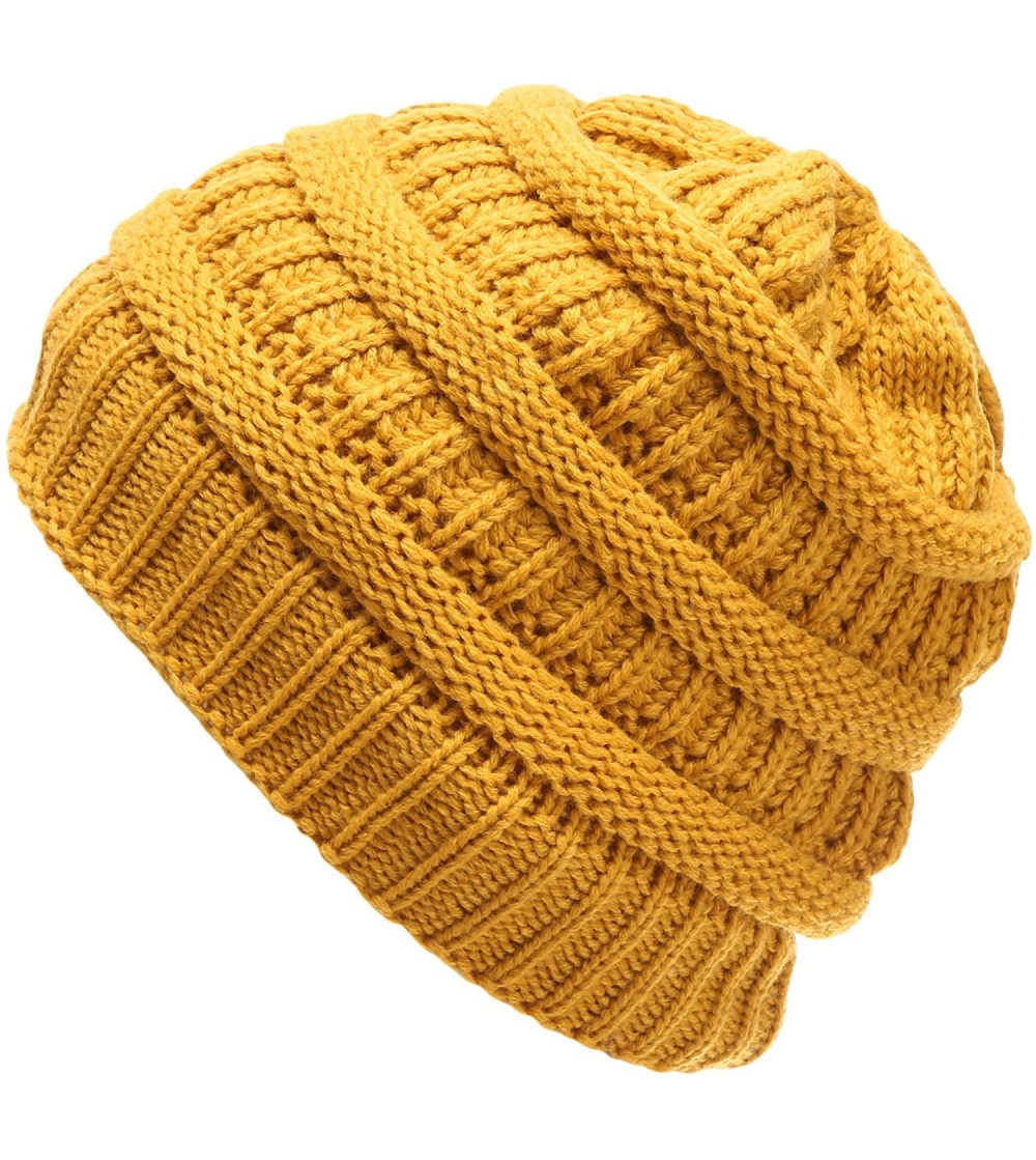 Skullies & Beanies Women's Soft Warm Stretch Ribbed Knit Winter Skull Cap Beanie Hat with Soft Sherpa Lining - Mustard - C418...
