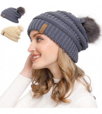 Skullies & Beanies Slouchy Beanie for Women Winter Hats Knit Warm Skull Ski Cap Faux Fur Pom Pom Hat Warm Ski Baggy Cap - CL1...