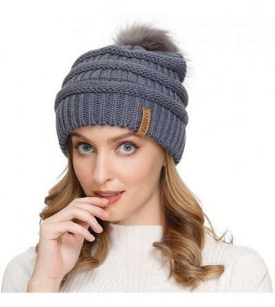 Skullies & Beanies Slouchy Beanie for Women Winter Hats Knit Warm Skull Ski Cap Faux Fur Pom Pom Hat Warm Ski Baggy Cap - CL1...