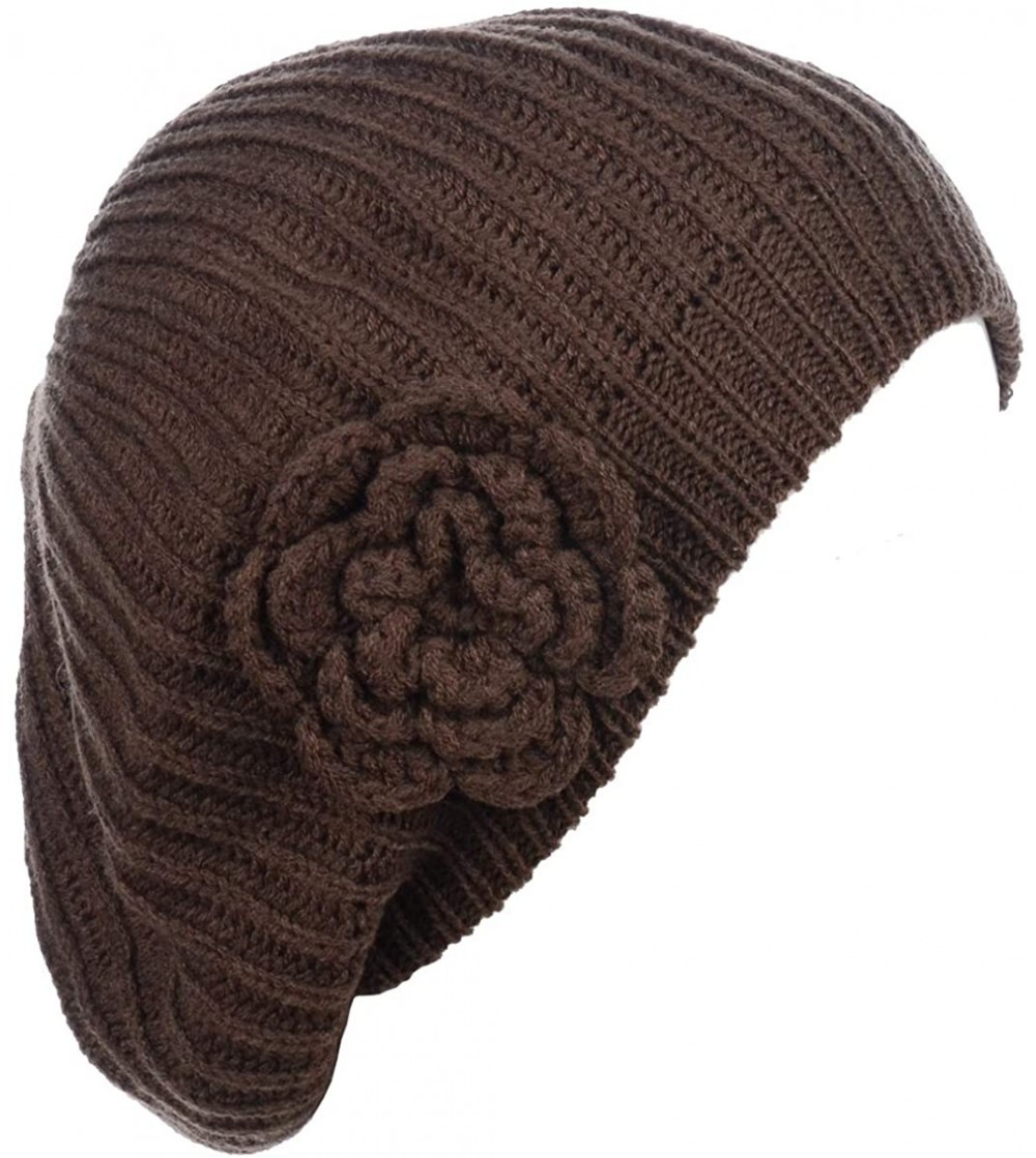Berets Ladies Winter Solid Chic Slouchy Ribbed Crochet Knit Beret Beanie Hat W/WO Flower Adornment - Brown Flower - C418HDWIES2