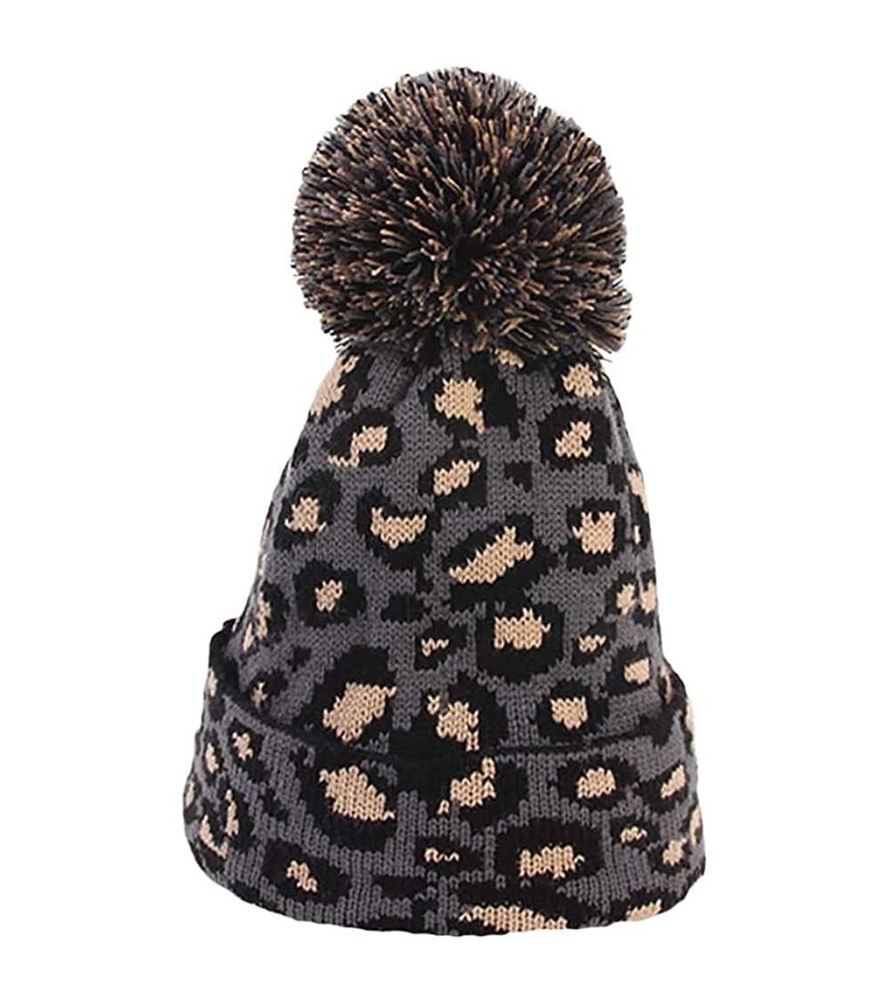 Skullies & Beanies Faux Fur Ball Hat Fashion Women Leopard Winter Warm Crochet Knitted Hat Cap Beanie - Gray - CQ18L209ALN